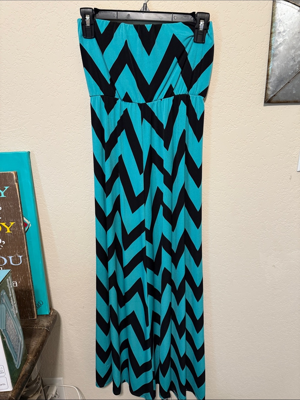 Strapless Chevron Maxi Dress in Teal & Black